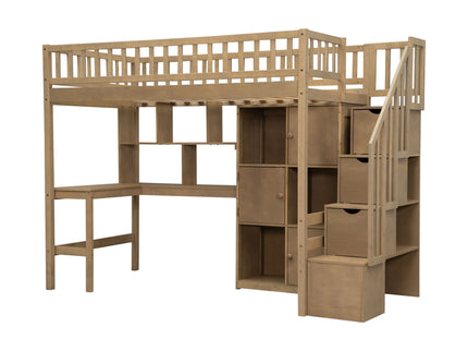 Loft Bed With Built In L Shaped Desk, LED Lights, Storage Shelves, Cabinets, And Staircase