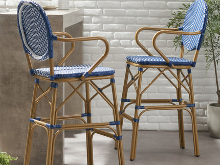 Outdoor Wicker And Aluminum French Barstools (Set of 2)