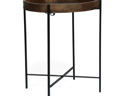 Modern Industrial Round End Table With Tray Top And Foldable Iron Legs - Natural