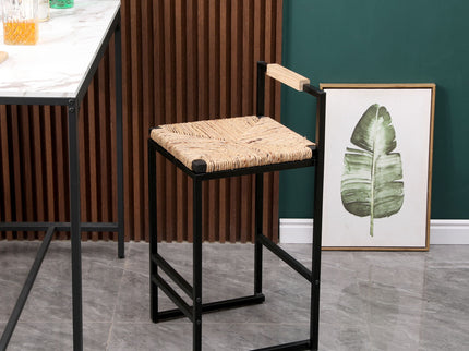 Water Hyacinth Woven Bar Stools With Back Support, Counter Height Dining Chairs (Set of 2) - Natural
