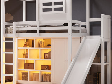 Twin Size Loft Bed With Wardrobe, Storage Shelves, Slide And LED - White