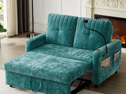 Modern Loveseat Pull Out Sofa Bed With Adjustable Backrest, Two Cup Holders, A Phone Holder, Three Charging Ports And Side Storage Pockets For Living Room