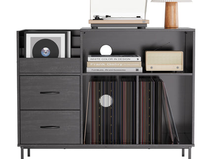 Eco-Friendly Vinyl Record Player Stand With Flip-Top Storage, Media Console With Dual Outlets And Dustproof Drawers