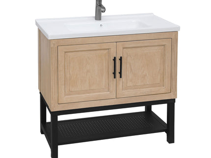 Modern Freestanding Bathroom Vanity With Ceramic Sink, Hot And Cold Faucet, Storage Cabinet & Open Shelf