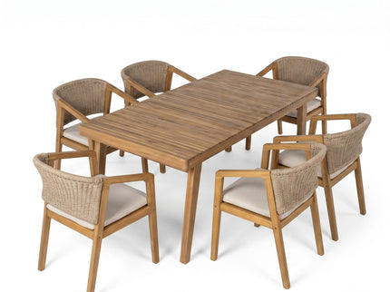 7 Piece Outdoor Dining Set With Rectangular Table And 6 Arm Chairs - Beige / Brown / Brown Mix / Light Teak