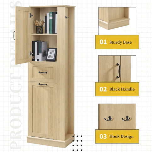 Tall Storage Cabinet With Tilt Out Compartment, Adjustable Shelves, Soft Close Hinges - Natural