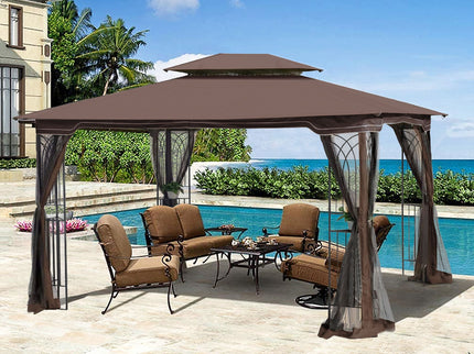 13 0 Outdoor Patio Gazebo Canopy Tent With Ventilated Double Roof And Mosquito Net (Detachable Mesh Screen On All Sides) Suitable For Lawn Garden Backyard And Deck Top - Brown