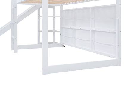 House Loft Bed With Slide, Storage Shelves And Light, Climbing Ramp