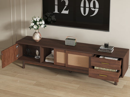 TV Stand For 80" TVs With Sliding Doors And Drawers, Accent Storage Unit - Dark Brown