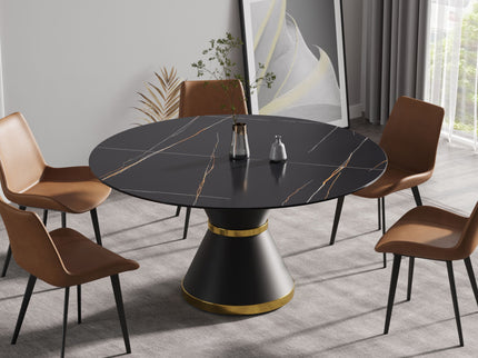 59.05" Modern Artificial Stone Round Black Carbon Steel Base Dining Table, Can Accommodate 6 People - Black