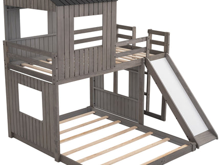 Loft Bunk Bed With Playhouse, Farmhouse, Ladder, Slide And Guardrails
