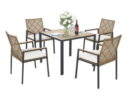 5 Piece Patio Dining Table Set, Acacia Wood Table Top With Umbrella Hole