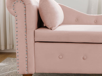 Chaise Lounge Indoor, Lounge Chair For Bedroom With Storage & Pillow, Modern Upholstered Rolled Arm Chase Lounge For Sleeping With Nailhead Trim For Living Room Bedroom Office
