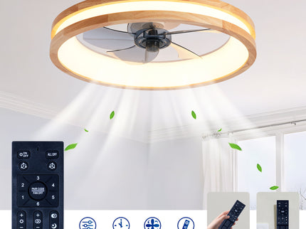 Ceiling Fans With LED Light Source And Remote Control, 3000 - 6500K Dimmable, 6 Speeds, Quiet DC Motor For Living Room - Natural Wood / White
