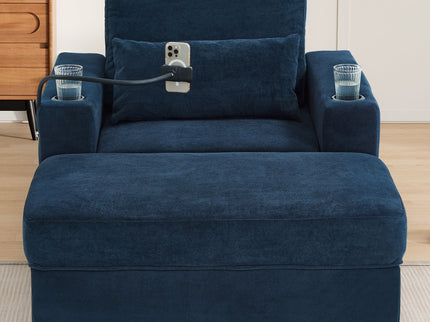 Modern Style Armchair Chaise Lounge Sofa Couch With Movable Storage Ottoman, USB Ports, Cup Holders, Phone Holder, Side Pockets