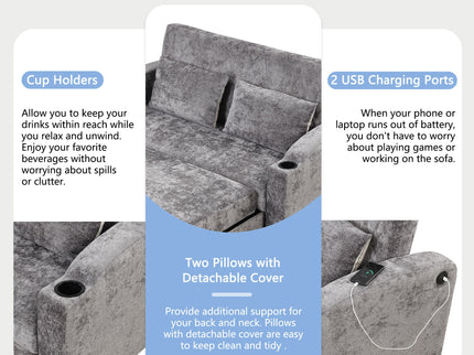 Pull Out Loveseat Sofa With Adjsutable Backrest, 2 Pillows, Cup Holders, USB Ports For Living Room