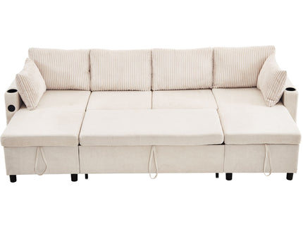 Sectional Sofa Bed With Pull Out Sleeper, USB Ports, Cup Holders