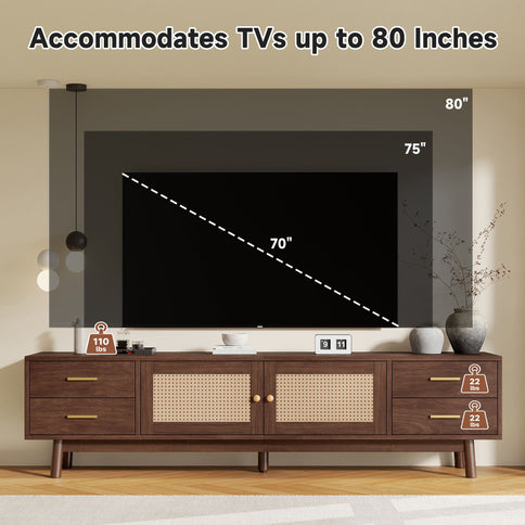 70" TV Stand With Doors For TVs Up To 80", Media Console With 4 Drawers & Cable Holes - Dark Brown