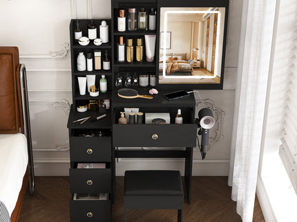 Vanity Desk With 3 LED Lighting Modes, 4 Drawers, Open Shelves, Hair Dryer Holder & Power Socket Dressing Table Set With Chair - Black