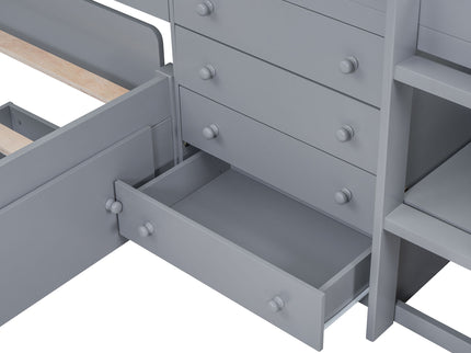 Loft Platform Bed With 7 Drawers And Full Guardrails, Modern L Shaped Space Savin