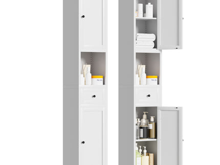 Tall Bathroom Storage Cabinet, 5-Tier Narrow With 2 Doors & Adjustable Shelves, Freestanding - White