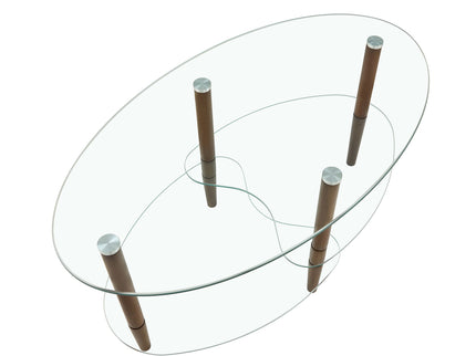 Transparent Oval Glass Coffee Table, Modern Table In Living Room Oak Wood Leg Tea Table 3-Layer Glass Table