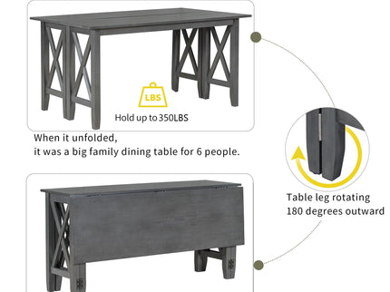 Foldable Dining Set For 6 With 4 Chairs And Bench, Space Saving Design - Gray