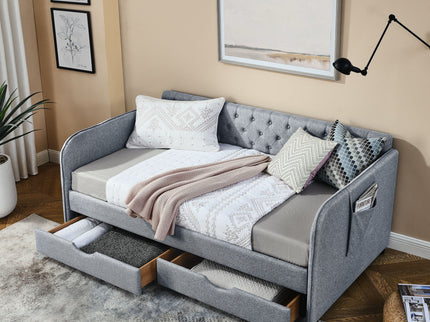 Daybed With Trundle And Storage Drawers, Flat Arms With Pocket