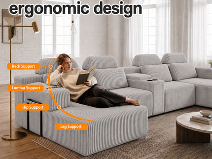 U-Shaped Sectional Sofa With Chaise Lounge And Cup Holders