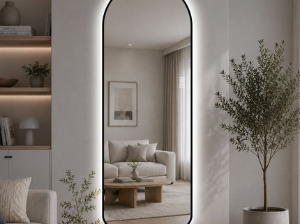 65" X 24" Arched LED Full Length Mirror With Frame, 3 Color Temperatures & Stepless Dimming - Black
