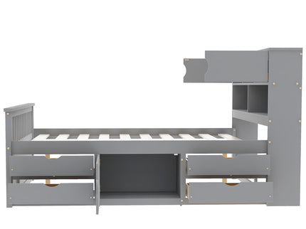 Captain Platform Bed Frame With Bookcase Headboard, 4 Drawers, Storage Shelves