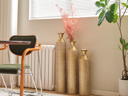 Metal Decorative Vases High Distress Metal Center Vases With Growing Vine Patterns, (Set of 3) Vases For Home Decoration - Gold