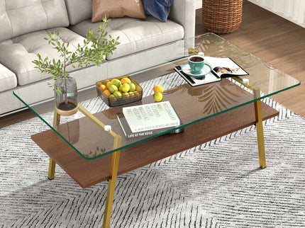 Rectangle Coffee Table, Tempered Glass Tabletop With Metal Legs, Modern Table For Living Room