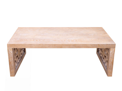 Rustic Carved Wood Coffee Table, Handcrafted Look With Ornate Side Panels
