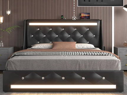 Wingback Upholstered Bed Frame With LED Lights, Charging Station