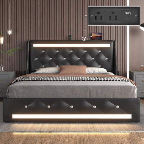 Wingback Upholstered Bed Frame With LED Lights, Charging Station