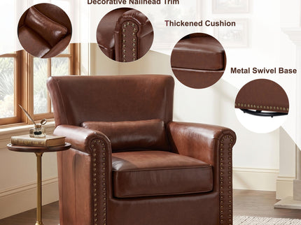 Swivel Accent Chair With Rolled Arm, Sewn Pillow Back, Nailhead Trim For Living Room