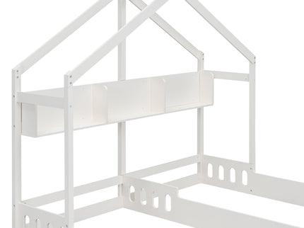 Twin Size Platform Bed With Shared Design, Guardrails, And Built In Shelves - Creamy White