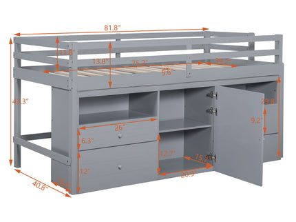 Loft Bed With 4 Drawers, Underneath Cabinet And Shelves
