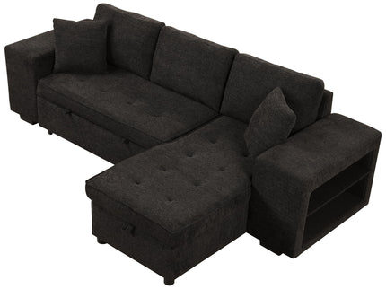 Modern L-Shape 3 Seat Reversible Sectional Couch, Pull Out Sleeper Sofa With Storage Chaise And 2 Stools For Living Room Furniture Set