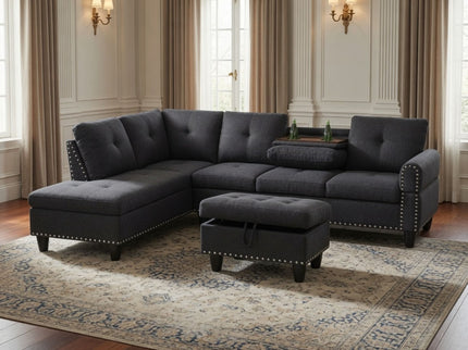 L - Shaped 3 Piece Sectional Sofa With Chaise, Storage Ottoman & Cup Holders
