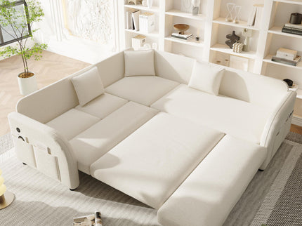 L-Shaped Couch With Pull-Out Bed, Oversize Convertible Sleeper Sofa With Side Pocket & USB Port