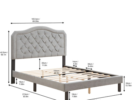 Queen Platform Upholstered Bed Button Tufted With Curve Design, Strong Wood Slat Support - Gray