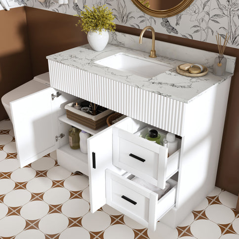 Bathroom Vanity Set, Fluted Cabinet, Soft Close Doors & Drawers, Sink Included - White