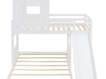 Loft Bunk Bed With Playhouse, Farmhouse, Ladder, Slide And Guardrails