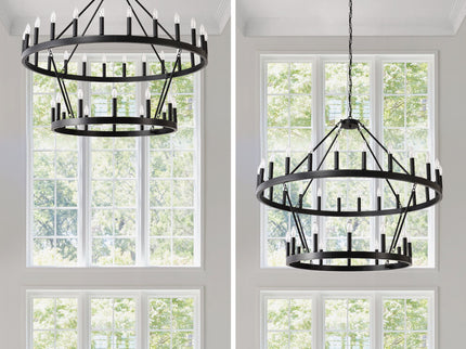 2 Tiers Wagon Wheel Chandelier Wooden Farmhouse 36 Light (24 / 12) Or (12 / 24) Metal Chandeliers 2 Story Light Fixtures Industrial For High Ceiling Living Dining Room Foyer, Adjustable Height - Black