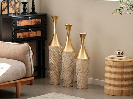 Floor Metal Vase Modern Style Decoration Home Woven Pattern Metal Vase 3 Piece Set Gorgeous Home Decoration Large Glazed Metal Vase - Champagne