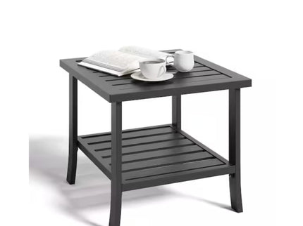 Square 2 Tier All-Weather Outdoor Side Table With Slatted Top