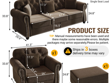 Upholstered Sofa Set With Nailhead Trim And Rolled Armrests, Includes Pillows
