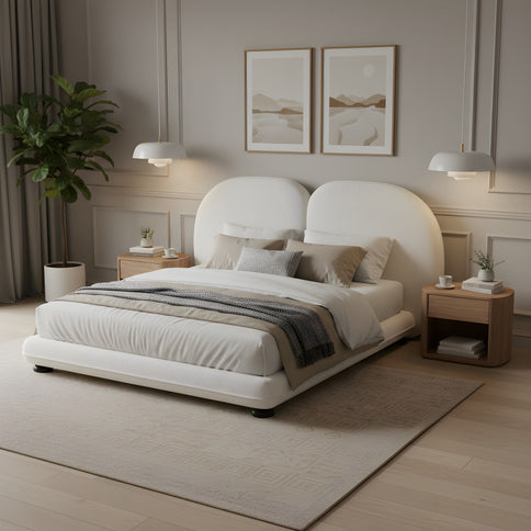 Queen Size Upholstered Platform Bed Frame With Split Headboard - White